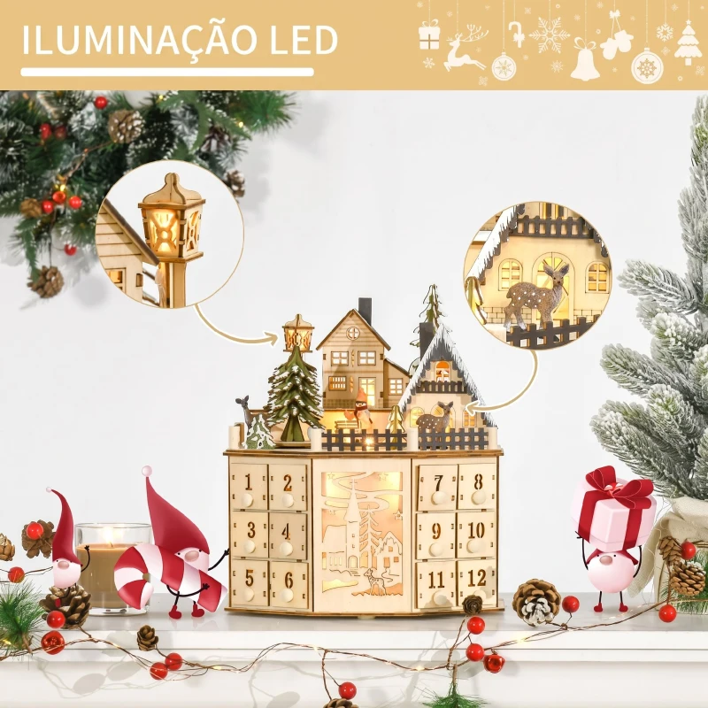 HOMCOM Calendário do Advento de Natal em Madeira Reutilizável com Luzes LED, 24 Gavetas, Cena de Aldeia, 25x20x29 cm, Natural