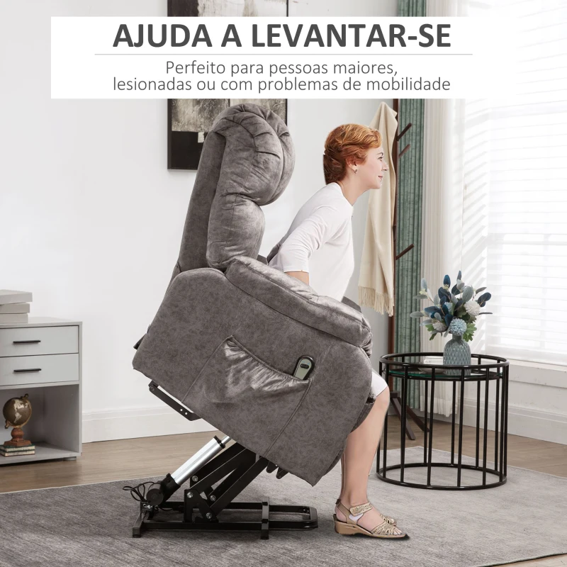 HOMCOM Poltrona Levanta Pessoas Estofada em Veludo com Reclinação Elétrica 135° e Apoio para os Pés 83x91x100 cm Cinza
