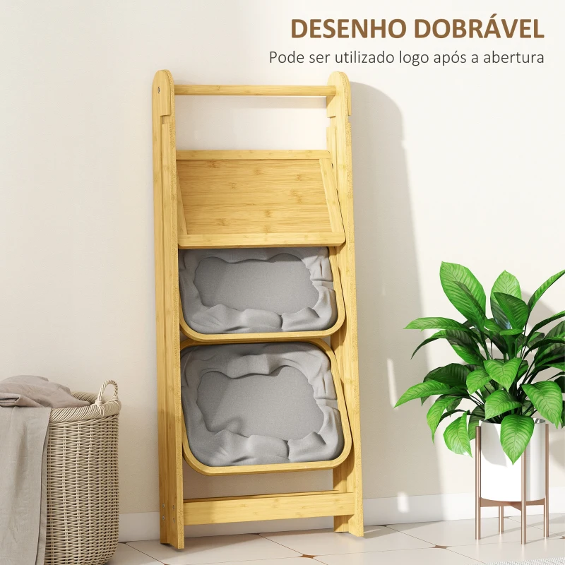 HOMCOM Estante Dobrável para Casa de Banho de Bambu com 2 Cestos para Roupa Suja Estante Aberto 44,5x32x99 cm Cinzento