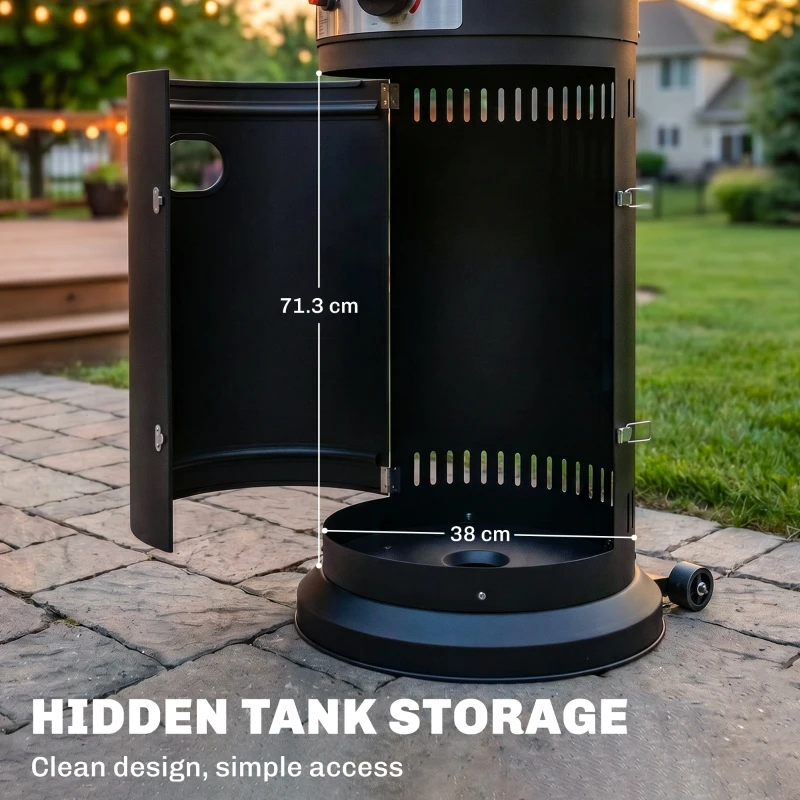 Outsunny 11 KW Freestanding Gas Patio Heater, Adjustable Outdoor Garden Propane Heater with Tip-Over Switch, Wheels, Pulse Ignition, Tank Room with Openable Door, Black