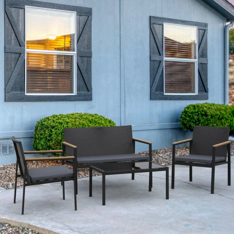 Outsunny Set 4 Pezzi Salotto da Esterni con 2 Sedie, Divano e Tavolino Mobili da Giardino in Rattan e Acciaio Nero
