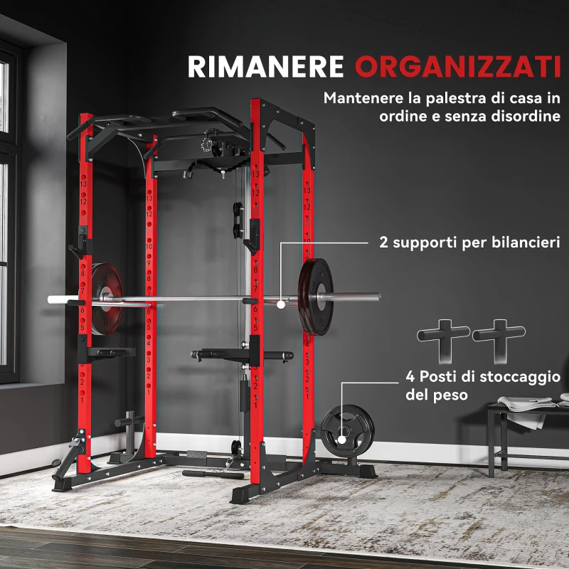 SPORTNOW Stazione Fitness con Supporto per Bilanciere e Barra per Trazioni e Dip, in Acciaio, 191x153x205 cm, Rosso e Nero