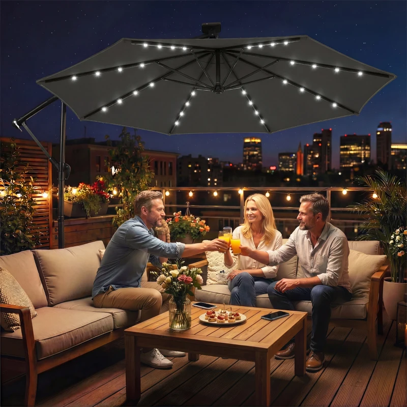 Outsunny Vrijhangende parasol LED Solar ca. Ø300 cm draaibaar parasol met slinger, standaard, beschermhoes Donkergrijs