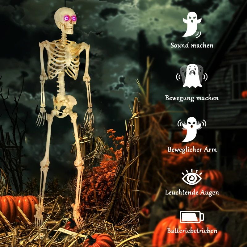 Outsunny Skelet Figuur, Halloween Decoratie, beweegbare Armen en Benen, Geluidsactivatie, gloeiende Ogen, Batterijvoeding, 152 cm, Metaal, Kunststof, Geel(m-7)