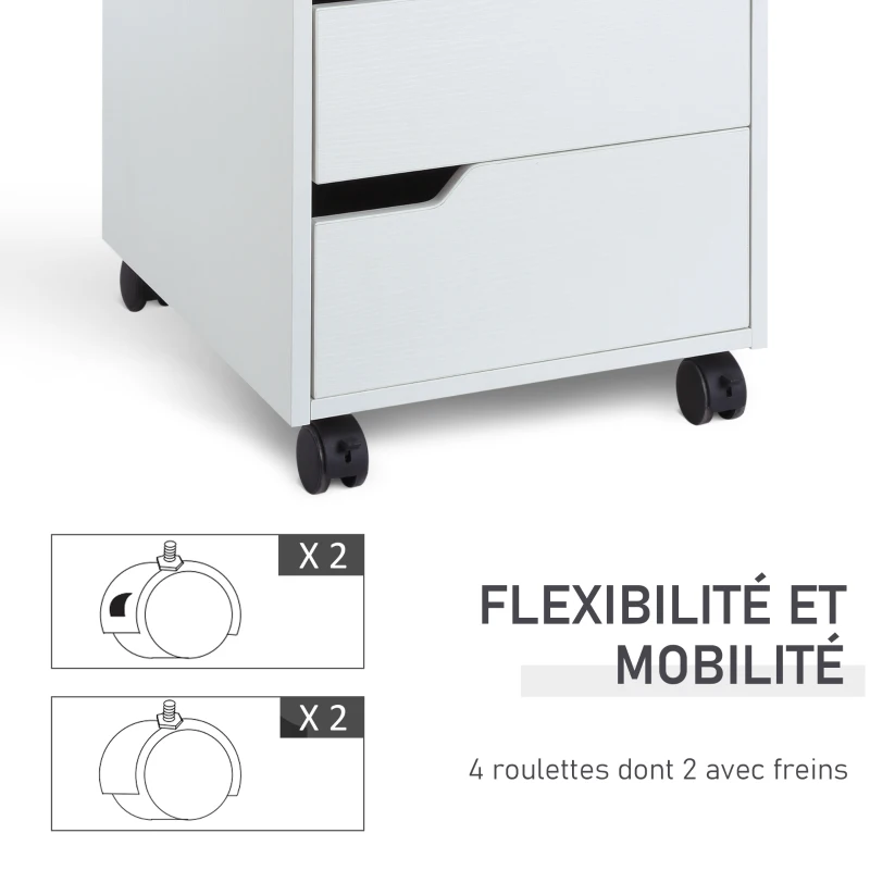 HOMCOM Caisson bureau mobile avec 3 tiroirs, meuble rangement bureau sur roulettes pour documents et imprimante, caisson de rangement compact pour travail ou chambre, 40x50x57,5cm, blanc