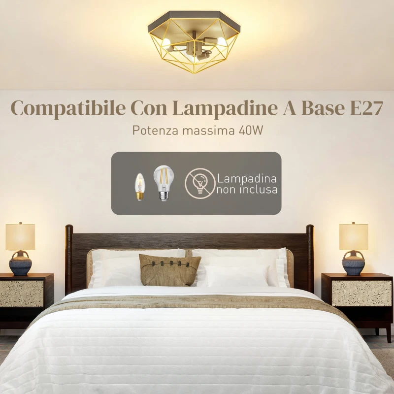 HOMCOM Lampada da Soffitto Stile Industriale Geometrica con 3 Attacchi E27 per Lampadine LED, Nero e Oro