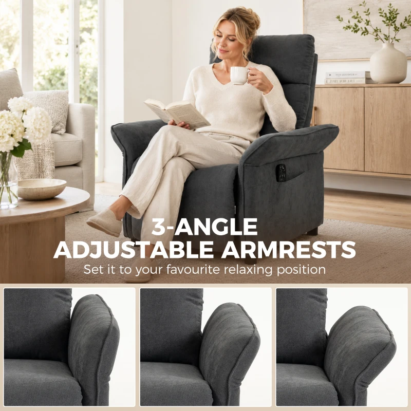 HOMCOM Recliner Armchair, Push Back Recliner Chair with Massage & Heat, Adjustable Armrests, Dual Side Pockets, Dark Grey