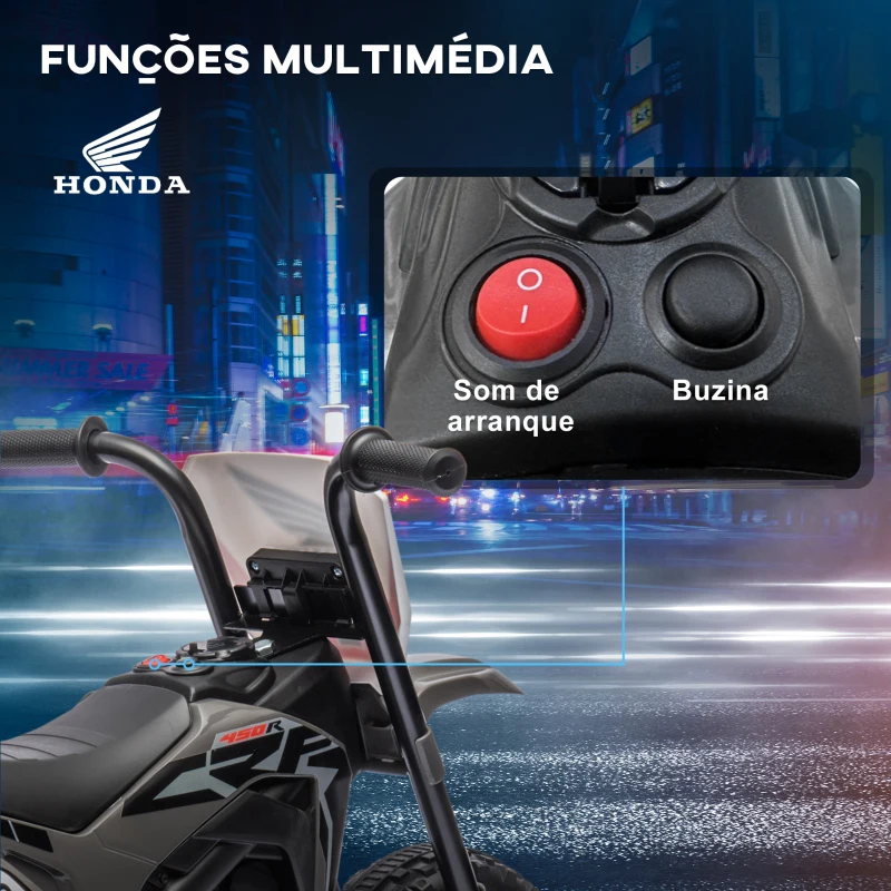 HOMCOM Mota Elétrica com Licença Honda CRF450RL Bateria 6V com Velocidade 3km/h Buzina e Som de Arranque 71x40,5x43,5 cm Cinza