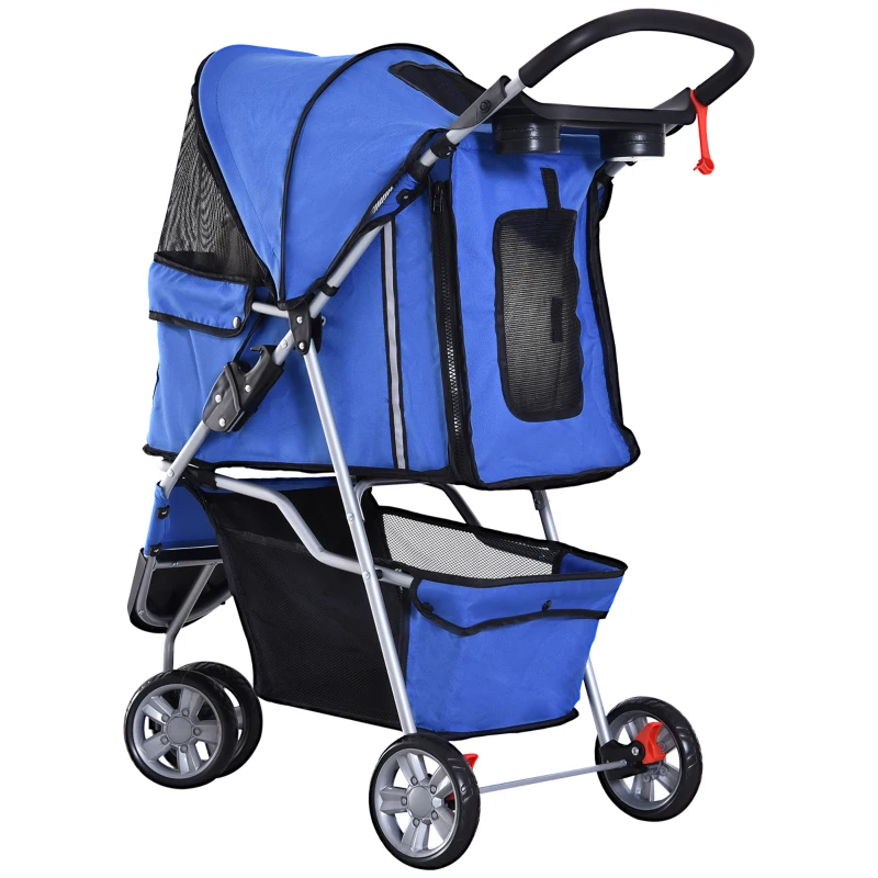 PawHut Passeggino per Cani Piccoli Pieghevole, Carrozzina per Cani con Ruote con Freni, Portabicchieri, Cestino Portaoggetti e Imbottitura Rimovibile e Lavabile, per Animali Domestici 10 kg, Blu
