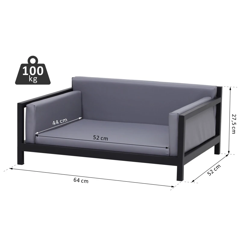 PawHut Deluxe PU Pet Sofa Couch Soft Dog Puppy Cat Sleep Bed Metal Frame Grey 64L x 52W x 27.5H cm