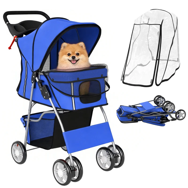PawHut Hondenwagen hondenbuggy opvouwbaar kattenwagen tot 10 kg met regenhoes reflecterende strepen opbergmand 77x44x102cm blauw