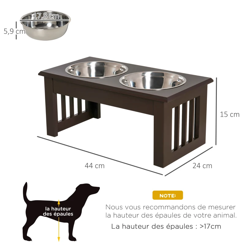 PawHut Gamelles chiens surélevées gamelle double chien chat Porte-gamelles surélevé dim. 44L x 24l x 15H cm 2 gamelles 0,9L acier inox. incluses bois  chocolat