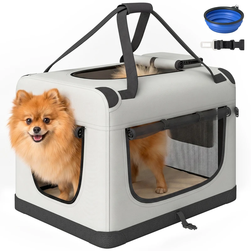 PawHut Transporteur Souple pour Chiens de Petite Taille Pliable avec Gamelle, en Tissu Oxford, Gris clair