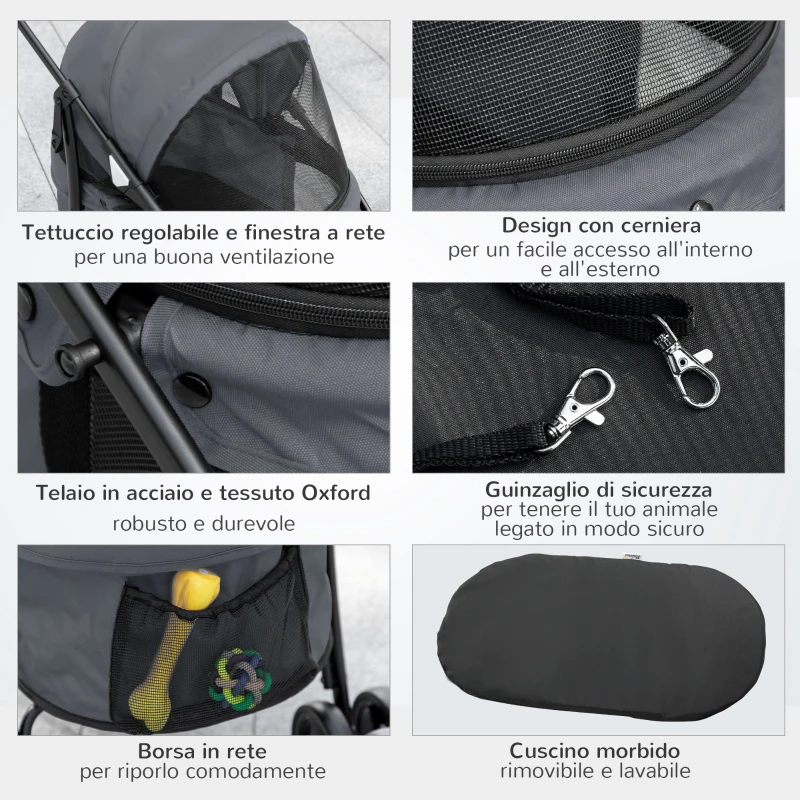 PawHut Passeggino per Cani Pieghevole con Tettuccio Regolabile, Borsa e 2 Guinzagli, 82x47x97 cm, Grigio e Nero