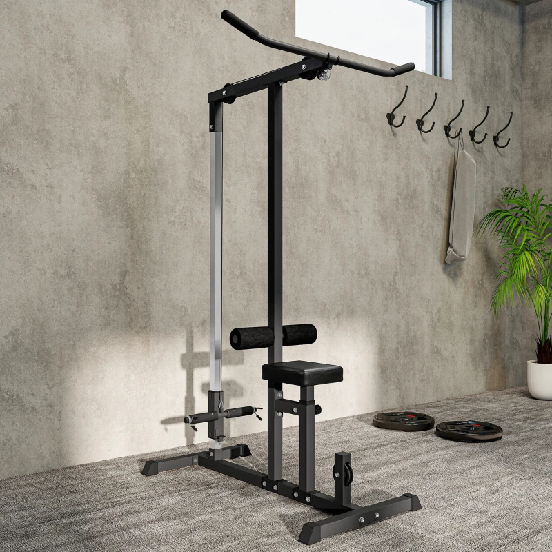 HOMCOM krachtstation met riemschijf zitting verstelbaar en meerdere kabelposities om de spieren te versterken trainingsapparaat voor home fitness staal zwart 180 x 183 x 219 cm
