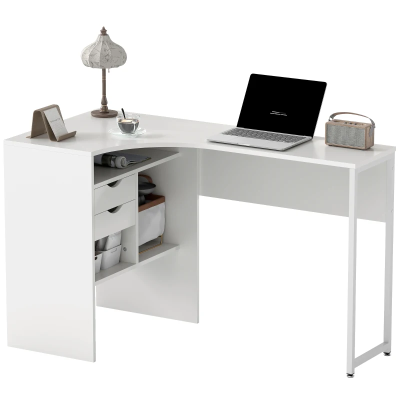 HOMCOM Bureau d'angle, bureau informatique avec 2 tiroirs et 3 compartiments ouverts, 120 x 60 x 74 cm, blanc