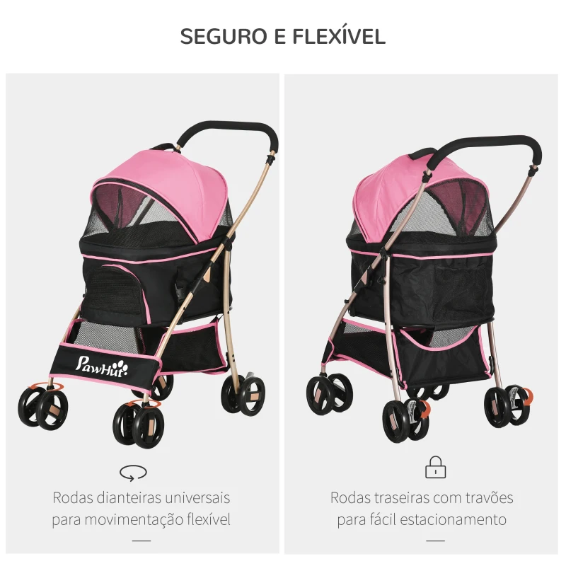 PawHut Carrinho para Animais de Estimação 3 em 1 Dobrável com Bolsa de Transporte Cesta de Armazenamento e Travão 82x49,5x98 cm Rosa