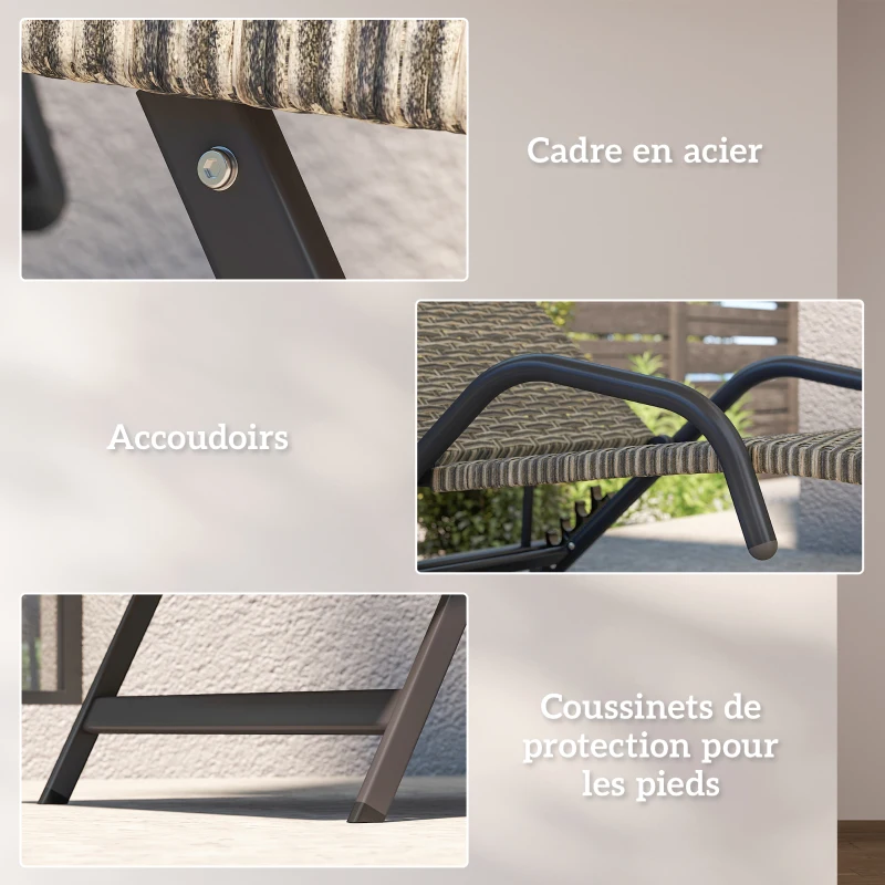 Outsunny Bain de soleil chaise longue en résine tressée inclinable et réglable sur 4 niveaux en forme de S, 156x62x96cm marron
