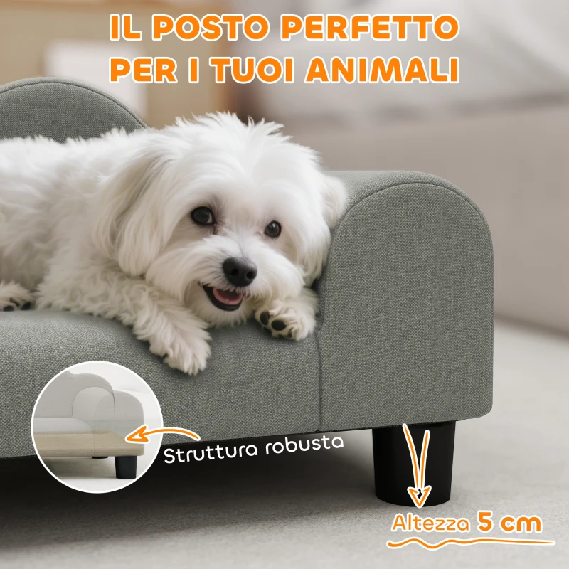 PawHut Divano per Cani con Braccioli di Supporto, in Legno e Tessuto French Terry, 66x42x28.5 cm, Grigio