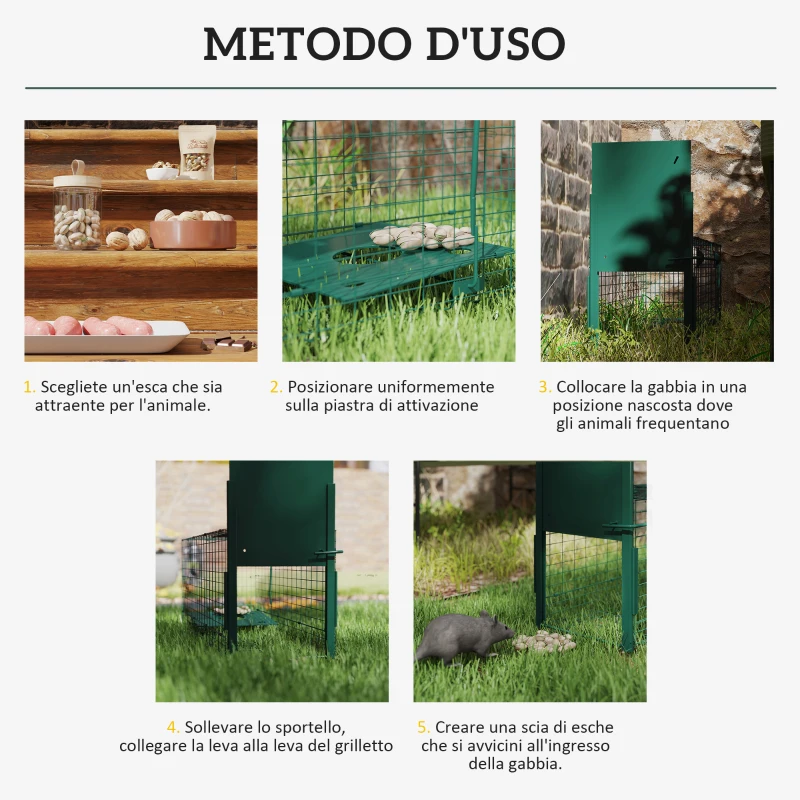Outsunny Gabbia Trappola per Animali Piccoli con Una Porta e Maniglia, 80x25x30 cm, Verde Scuro