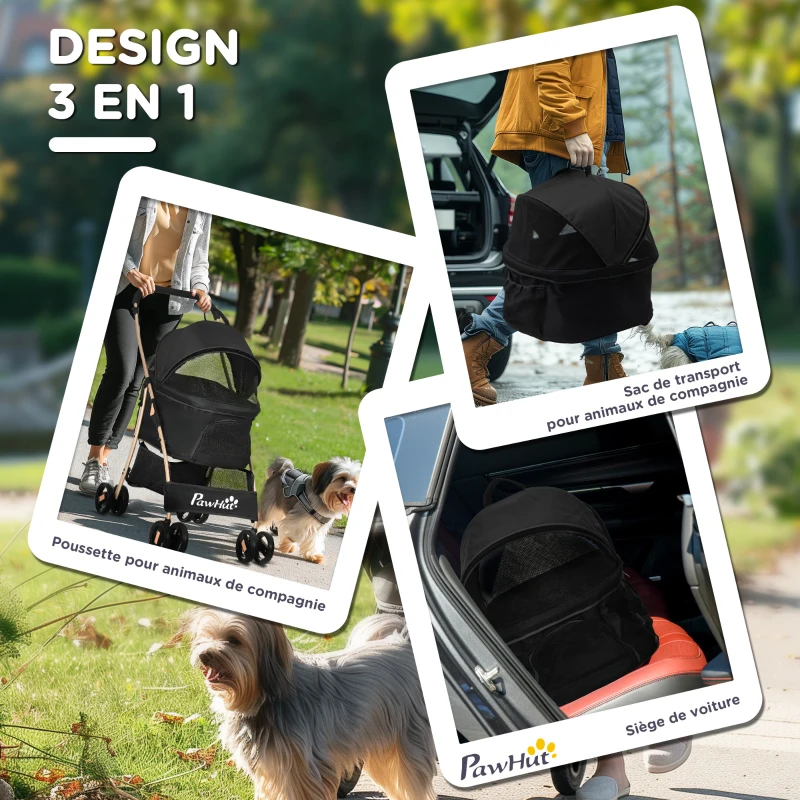PawHut Poussette pour chien chat 2 en 1 avec nacelle amovible caisse de transport pliable tissu 600D Oxford - noir