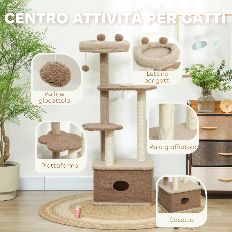 PawHut Albero Tiragraffi per Gatti con Lettino, Casetta e Piattaforme, in Legno e Cashmere, 48x40x133 cm, Marrone