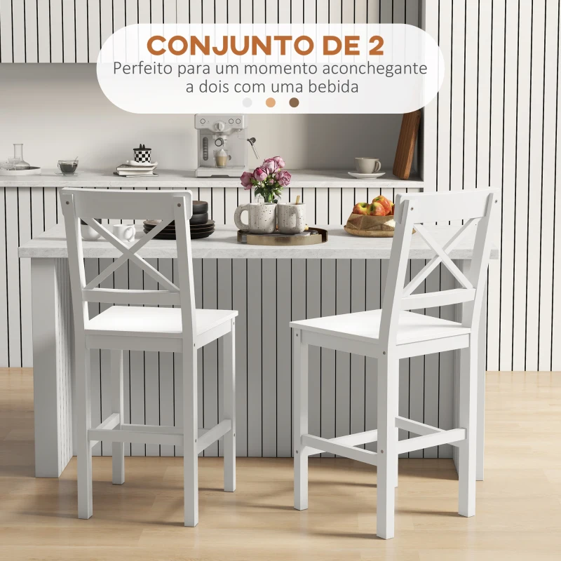 HOMCOM Conjunto de 2 Bancos Altos de Cozinha Bancos de Bar de Madeira com Apoio para os Pés e Encosto Cruzado Carga Máxima 120 kg Branco
