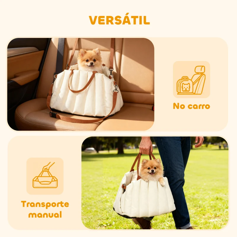 PawHut Assento de Carro para Cães Pequenos de até 5 kg com Cinto de Segurança e Capa Removível e Lavável 50x30x31 cm Creme