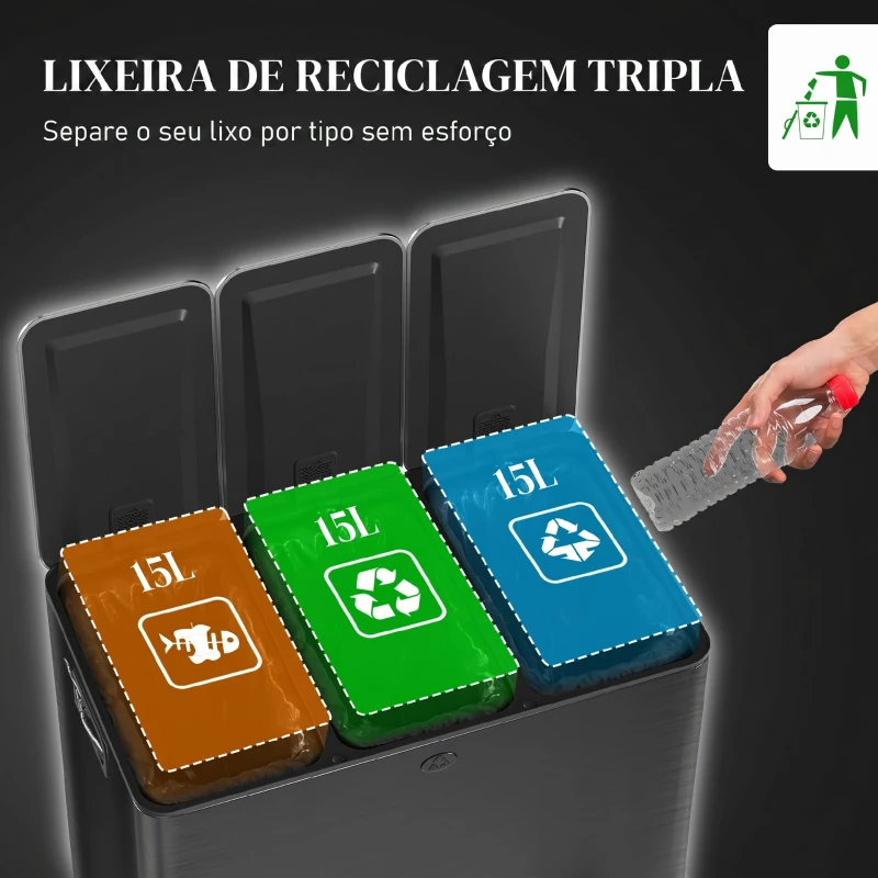 HOMCOM Papelera de Cozinha em Aço Inoxidável com 3 Compartimentos 3x15L com Pedais, Tampas de Fecho Suave e Balde Removível Preto