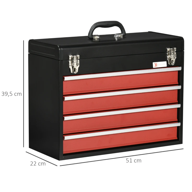 DURHAND gereedschapskist Gereedschapskist zonder gereedschap met 4 lades en slot, 51 x 22 x 39,5 cm, zwart+rood