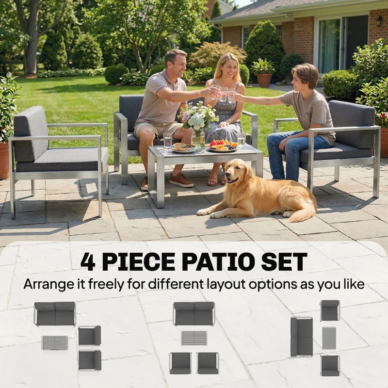 Outsunny 4 Seater Garden Furniture Set, Extra Wide Deep Garden Sofa Set with Olefin Cushions, Brushed Aluminium Frame, Dark Grey