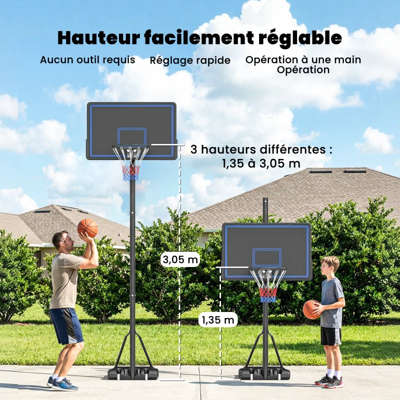 SPORTNOW Panier de Basketball sur Pieds avec Hauteur Réglable de 1,35 à 3,05 m avec Roues, Base de Lestage et Sac de Sable, Bleu