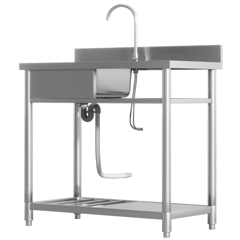 HOMCOM Outdoor Stainless Steel Kitchen Sink, Freestanding Sink Single Bowl with Cold and Hot Water Pipe and Storage Shelves