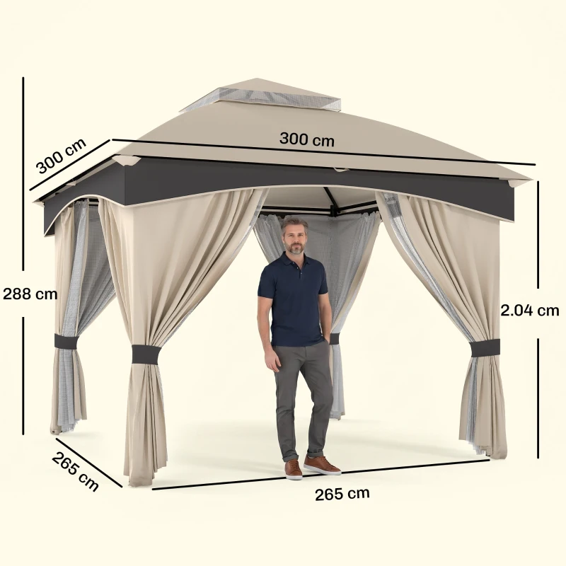 Outsunny Gazebo da Giardino 3x3m in Acciaio con Doppio Tettuccio e Tende, Beige e Grigio