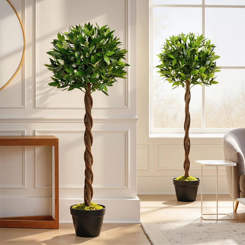 Outsunny 2er-Set Künstlicher Lorbeerbaum, 120 cm, Kunstpflanzen im Zementtopf, Kunststoff-Pflanzen für drinnen und draußen, Grün
