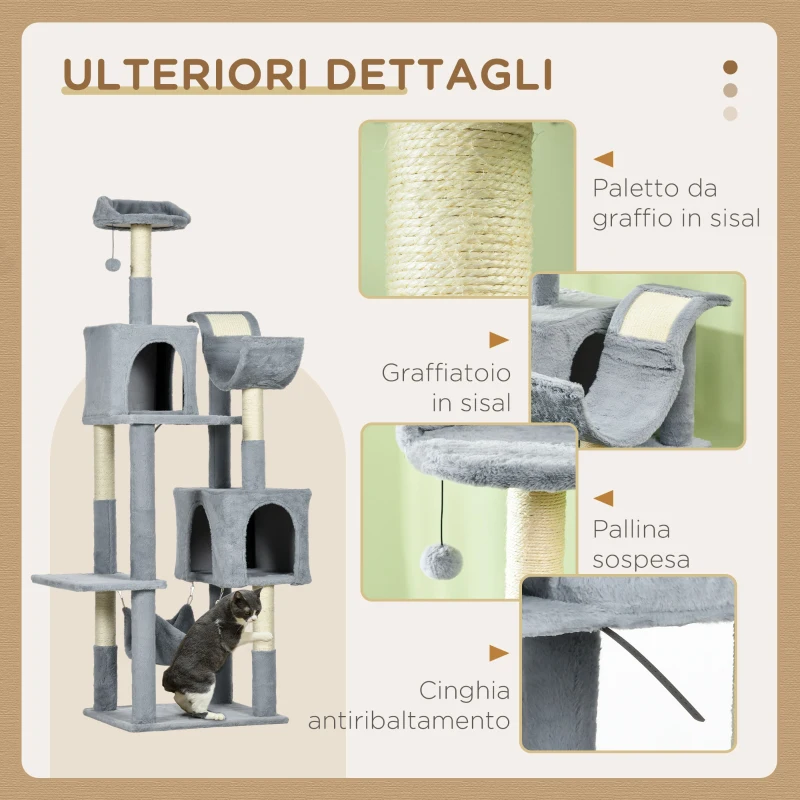 PawHut Albero per Gatti con Amaca, Lettino e 2 Casette, in Truciolato e Peluche, 55x49x177 cm, Grigio e Bianco