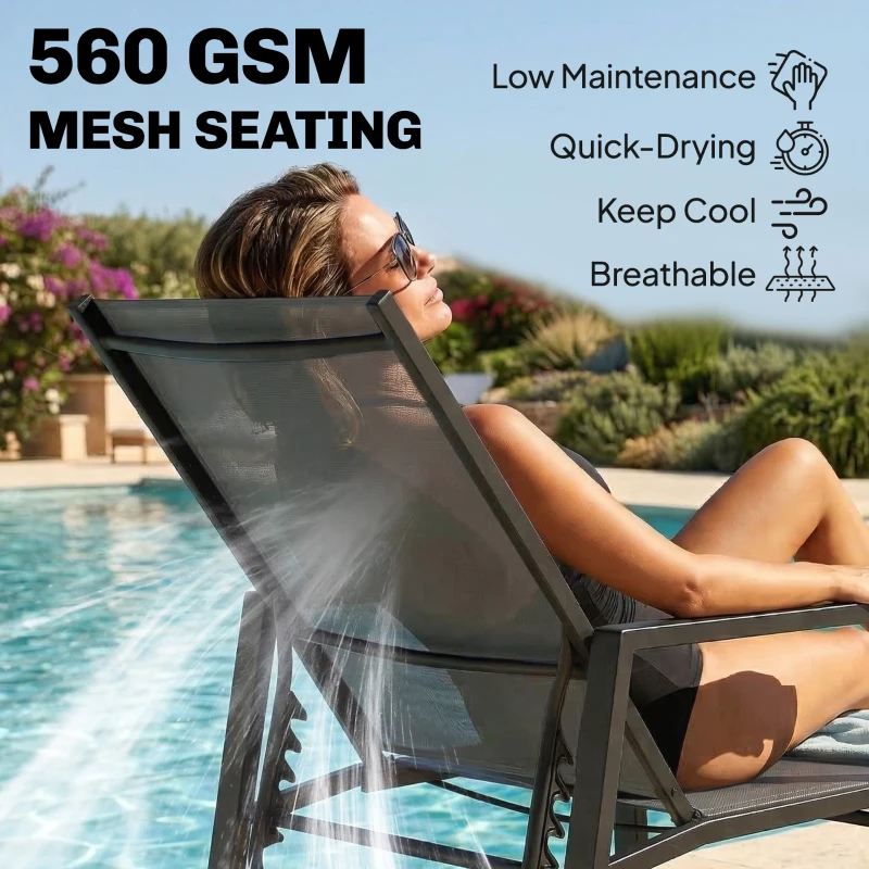 Outsunny Sun Loungers Set of 2 Retractable Footrest 5-Position Adjustable Steel Frame for Beach, Porch, Patio, Camping, Dark Grey