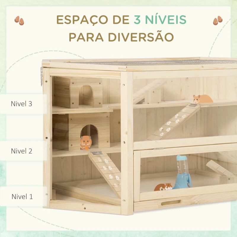 PawHut Gaiola de Madeira para Hámster 115x60x55cm Gaiola para Roedores e Animais Pequenos de 3 Níveis com Teto Abatível Bandeja Removível e 3 Rampas Madeira