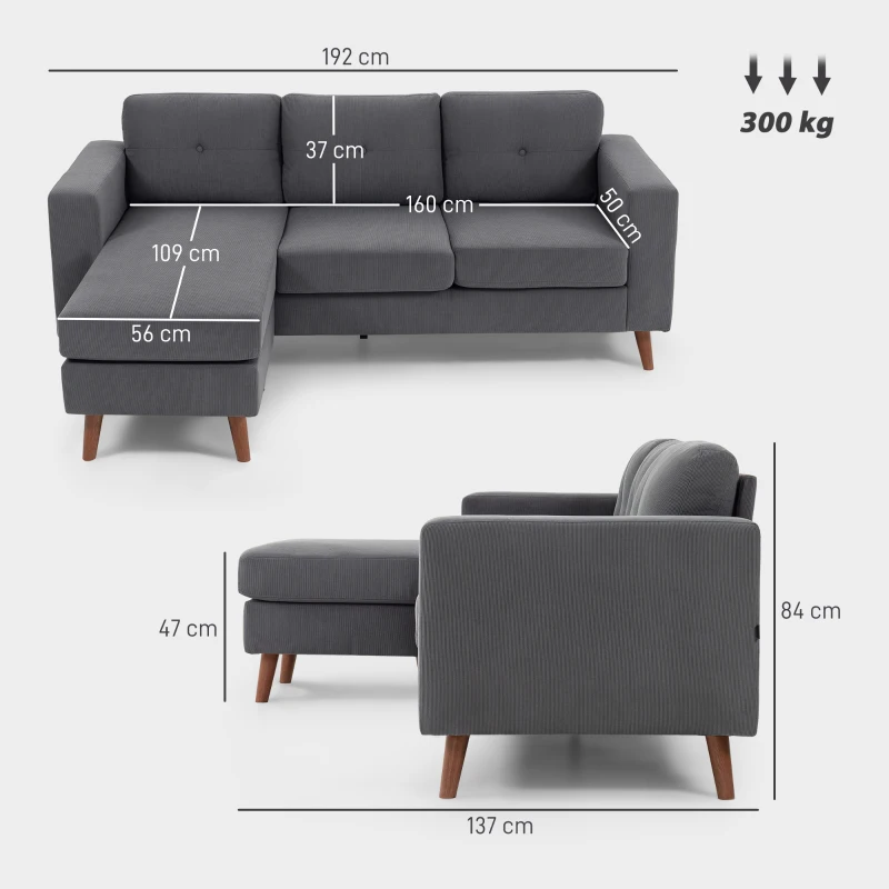 HOMCOM Sofá Chaise Longue Reversível Sofá de Canto em Forma de L de 3 Lugares Estofado em Veludo Cotelê 192x137x84 cm Cinzento Escuro