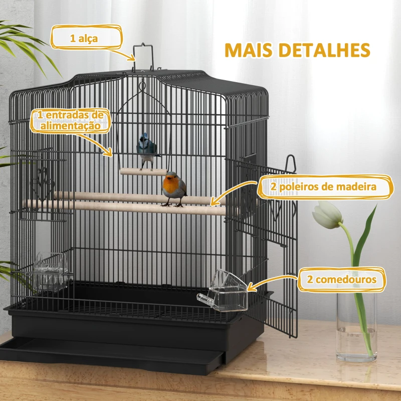 PawHut Gaiola para Pássaros 46,5x36x59 cm Gaiola de Metal para Pássaros com 2 Comedouros 2 Poleiros Baloiço Bandeja Amovível Preto