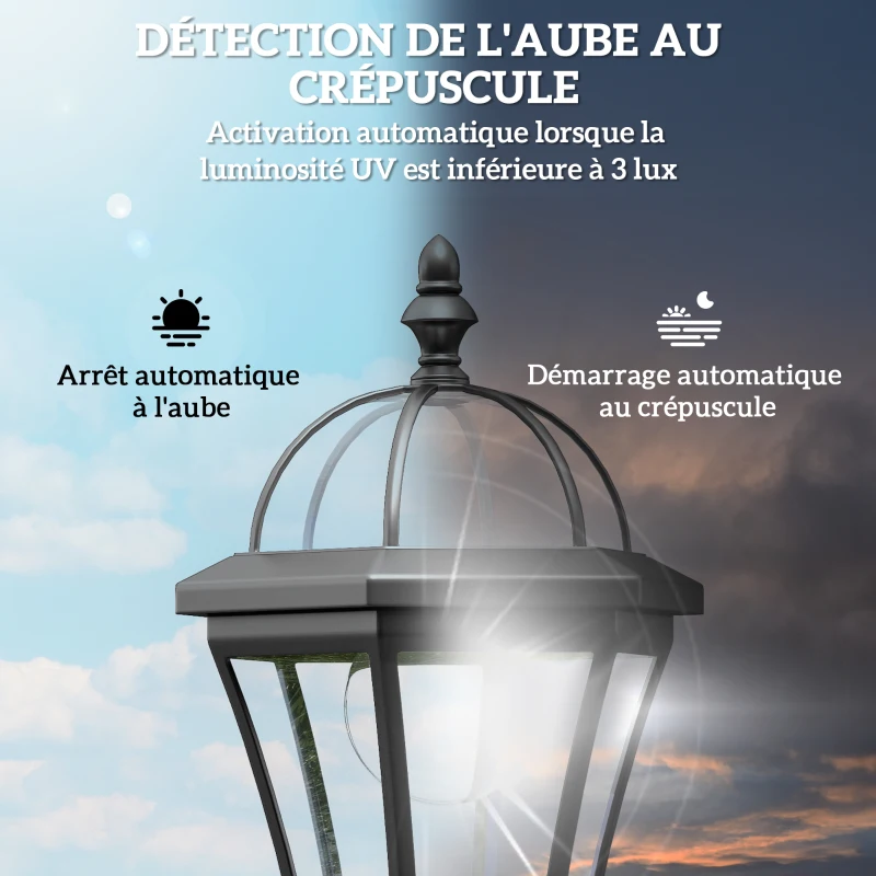Outsunny 2 lampadaires sur pied solaires d'extérieur jardin avec 2 lampes LED blanc 6000K IP44 Ø18,5 x 129H cm noir