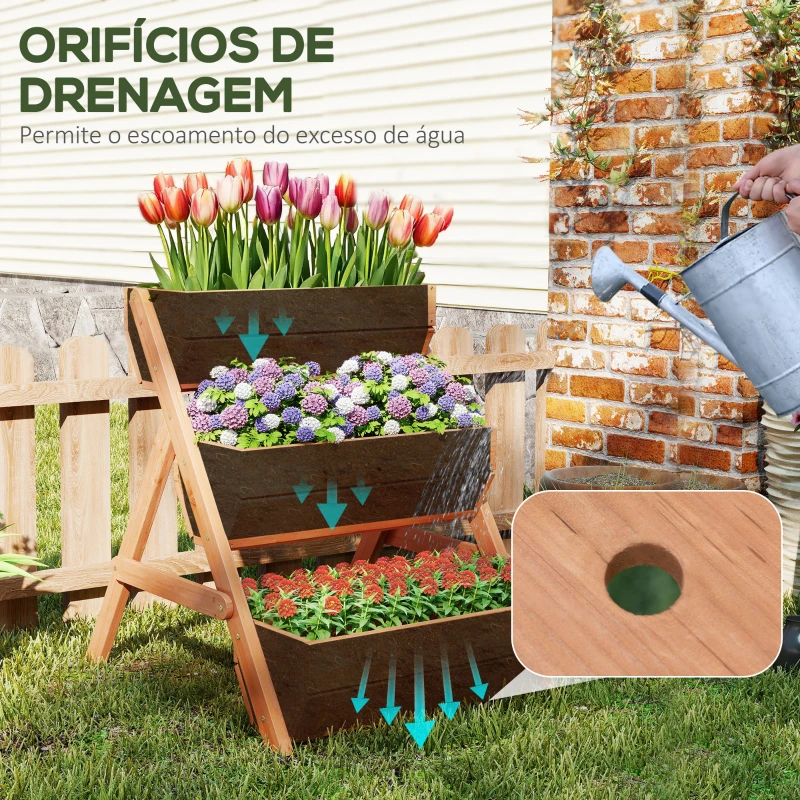 Outsunny Floreira de Madeira de 3 Níveis Floreira Elevada de Exterior com Orifícios de Drenagem 65x75x76 cm Castanho