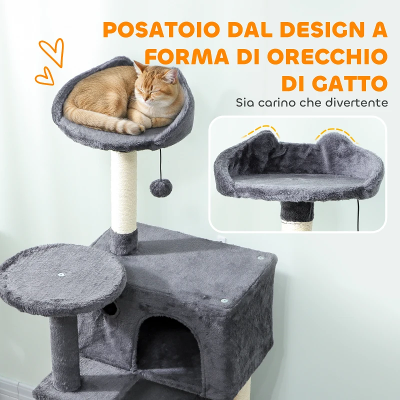 PawHut Albero per Gatti Alto 140 cm con 2 Casette, Lettino e Amaca per 2-3 Gatti, Rivestimento Peluche, Grigio