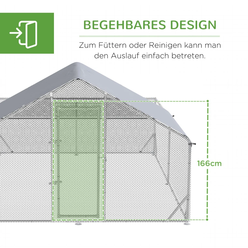 PawHut kippenhok buitenren, 400 x 300 x 195 cm kippenhok met beschermdak