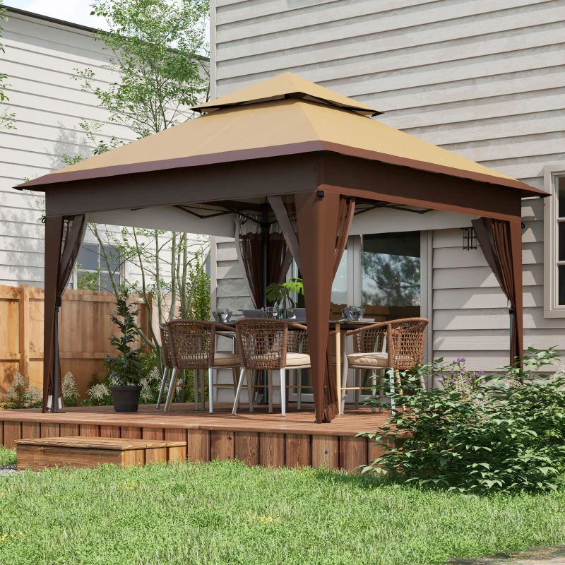 Outsunny 3 x 3(m) Pop Up Gazebo with Mosquito Netting, Easy Setup Marquee Party Tent with 1-Button Push, Double Roof, Carry Bag, Sandbags, Height Adjustable Instant Shelter, Khaki