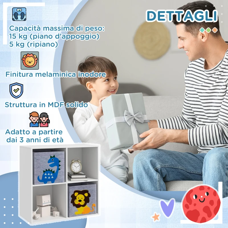 ZONEKIZ Scaffale Portagiochi per Bambini con 4 Scomparti e Contenitori, 61.8x29.9x61.8cm, Bianco