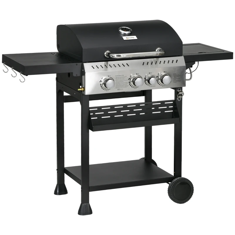 Outsunny Gasgrill, BBQ-grill, 4 hoofbranders, 1 zijbrander, 1 warmhoudplaat; 123 x 52 x 101cm, Zwart