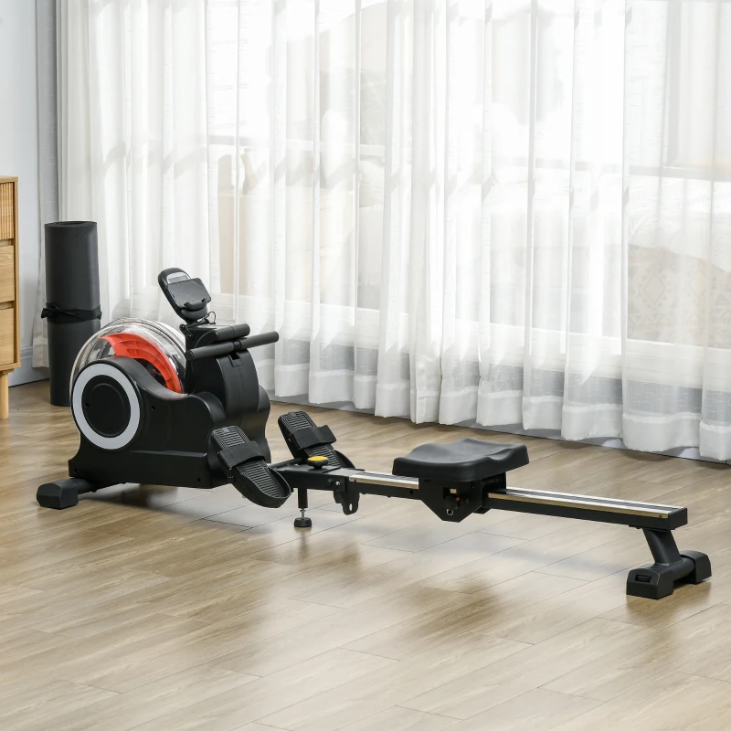 SPORTNOW Wasserrudergerät, klappbar, 6 Widerstände, Display, Handyhalterung, bis 120kg, Metallgestell, Schwarz