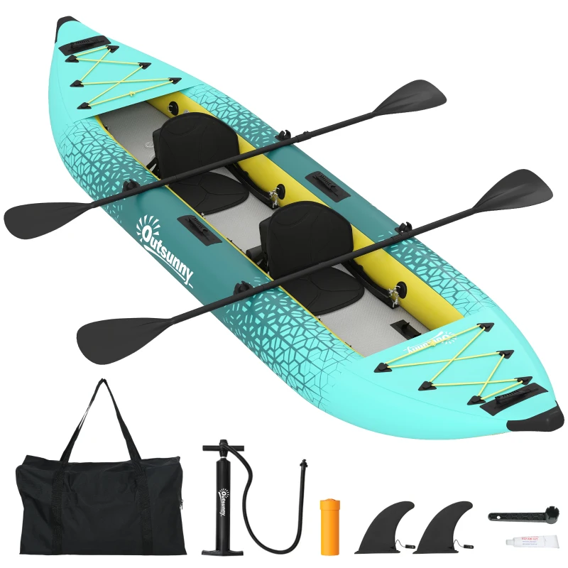 Outsunny 12.5' Inflatable Kayak Set, 2-person Sit on Canoe with Aluminium Oars, Blue and Yellow