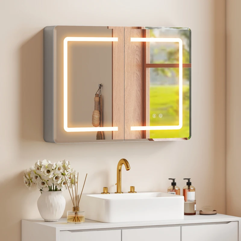 HOMCOM Mirrored Bathroom Cabinet with LED Lights, 60 x 80 cm Bathroom Mirror Cabinet with Anti-Fog, 3 Colour Dimmable Lighting